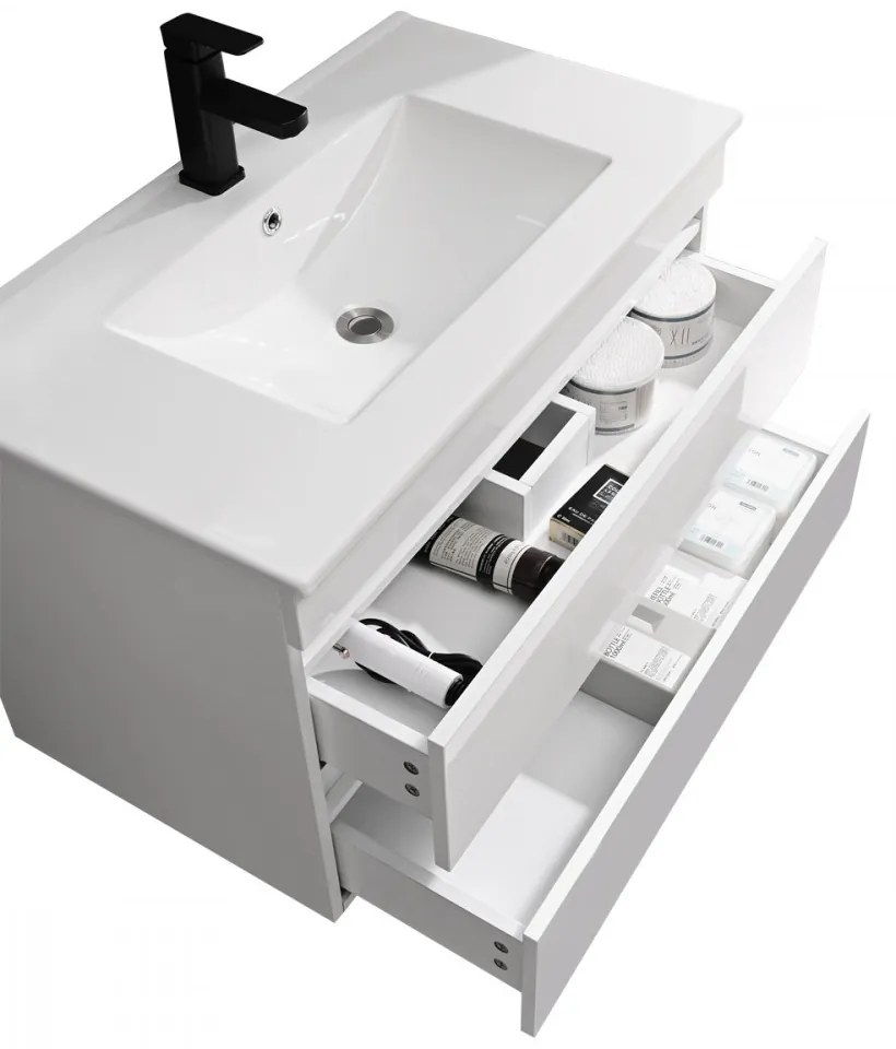 Mobilier de baie Cube 80 cm cu lavoar ceramic (2 sertare) și oglindă 60x80 cm vopsit în alb lucios