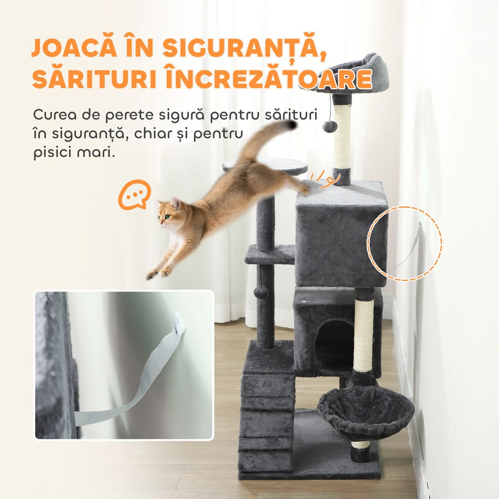 PawHut Ansamblu de joacă pentru pisici cu 2 căsuțe, culcuș și Hamac, 140 cm, Gri | Aosom Romania