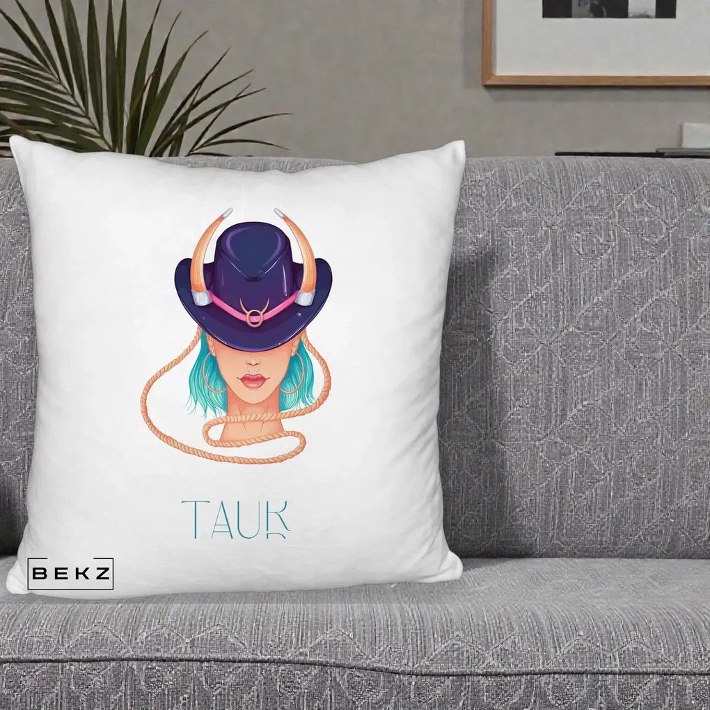 Perna Personalizata Zodie Taur, 40x40 cm, Alb Pufos, Husa Detasabila, Perna Inclusa, BEKZ®