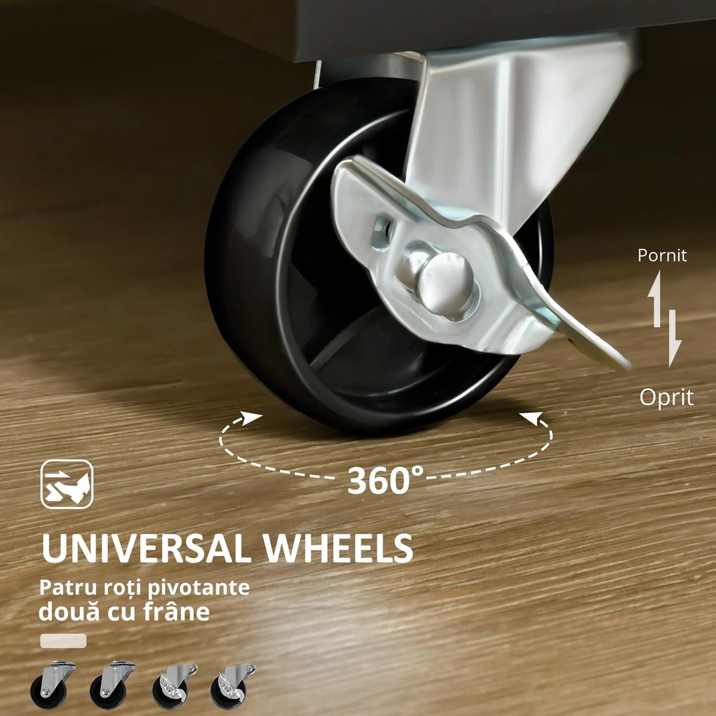 HOMCOM Cărucior Bucătărie din Lemn Multifuncțional cu 2 Sertare, Dulăpior și 4 Roți, Design Elegant, 104x46x91 cm, Negru | Aosom Romania