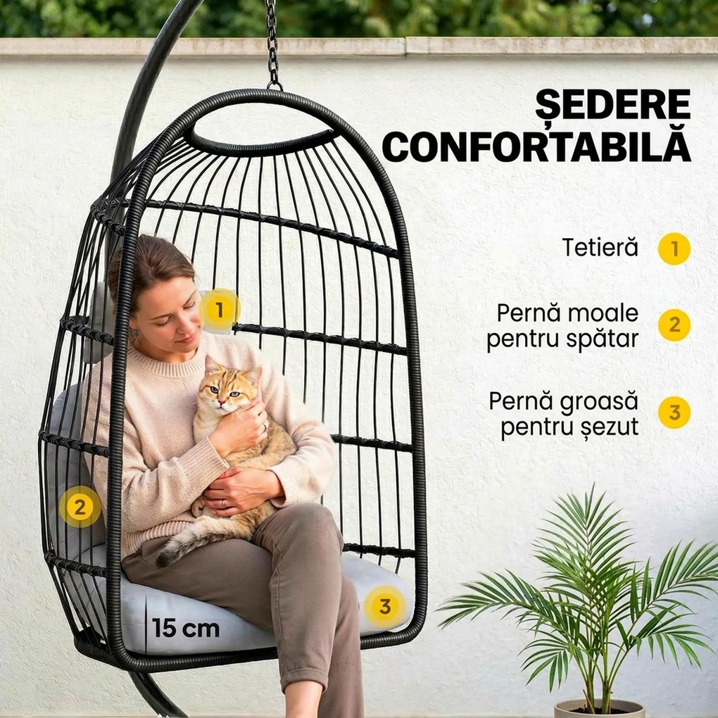 Outsunny Scaun Suspendat Tip Ou, Leagăn pentru Exterior cu Suport și Centură de Siguranță, Negru/Gri Deschis | Aosom Romania
