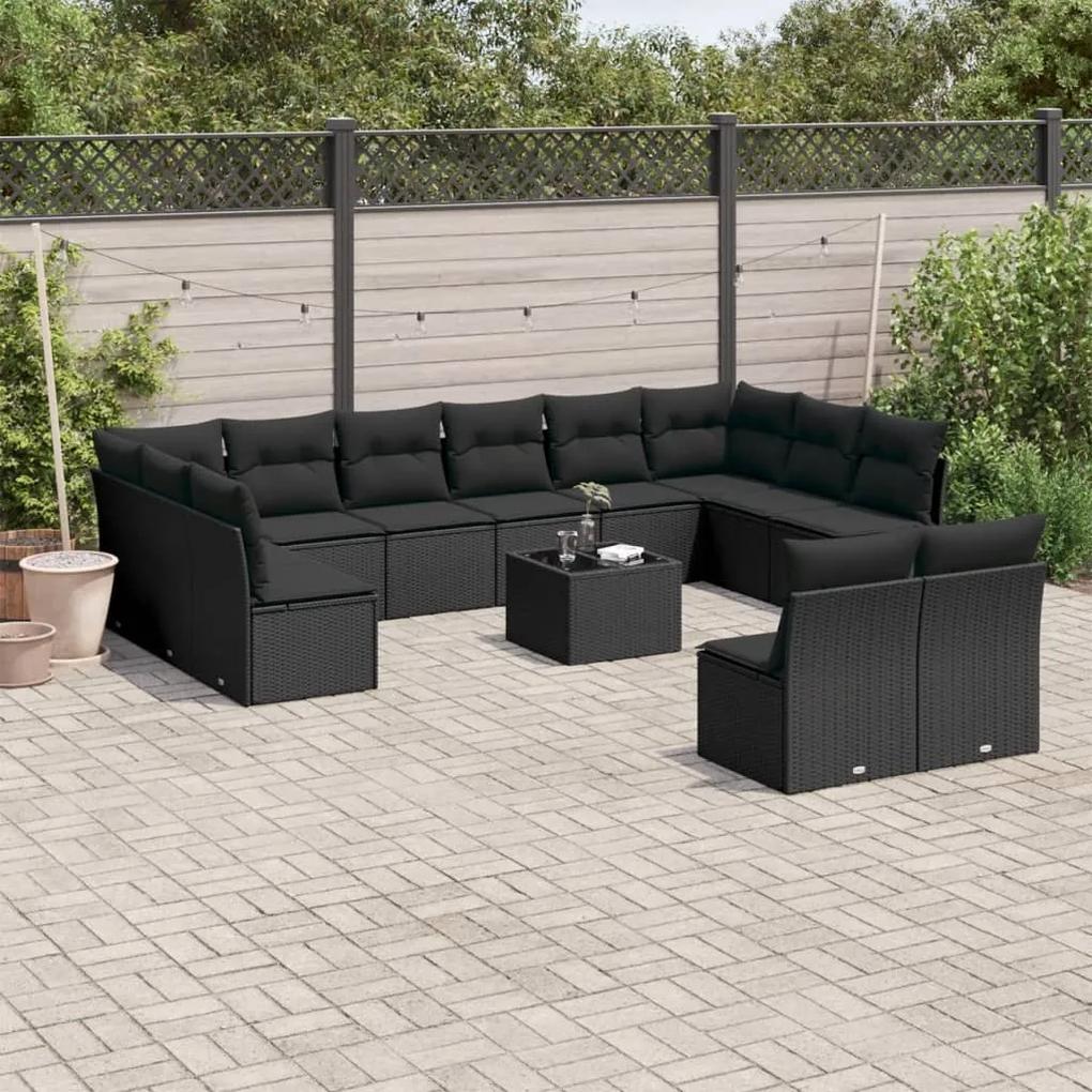 3250214 vidaXL Set mobilier de grădină cu perne, 13 piese, negru, poliratan