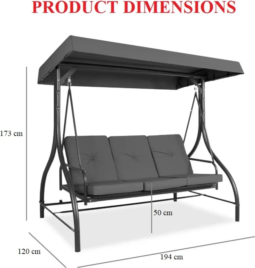 Leagan de grădină, șezlong tip pat, 3 locuri, copertina reglabila, cadru otel, 194x120x173 cm, Gri