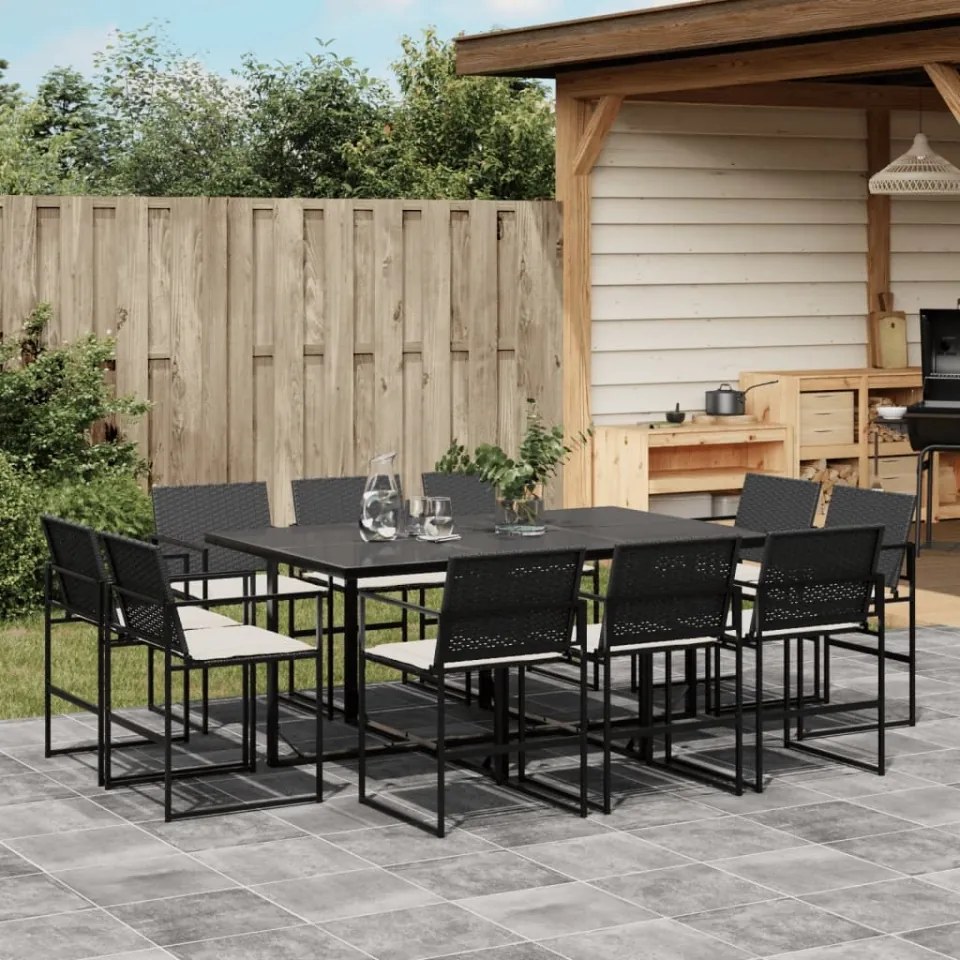 Set mobilier de exterior cu perne, 11 piese, negru, poliratan