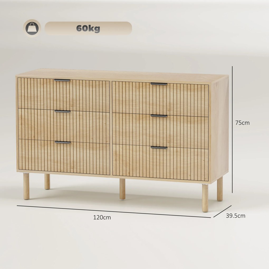 HOMCOM Comodă cu 6 Sertare din Lemn pentru Dormitor și Hol, Stil Nordic, 120 x 39,5 x 75 cm, Stejar | Aosom Romania