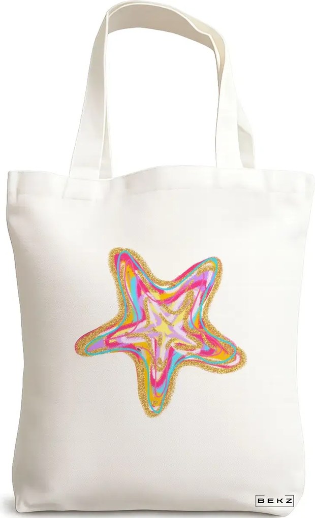 Sacosa de Panza pentru Cumparaturi, Geanta Tote, model Glitter Star, 38 x 34.5 cm, Alba, BEKZ®