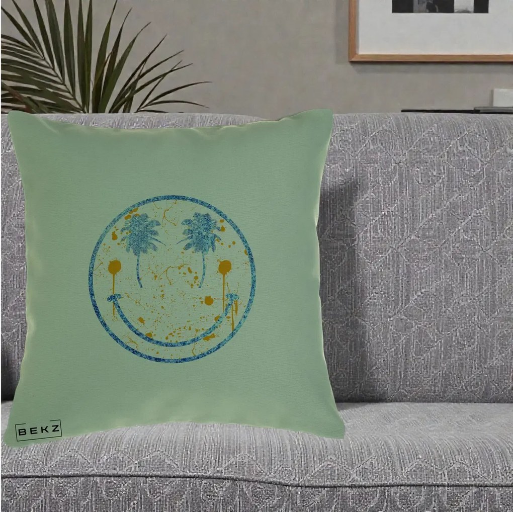 Perna Decorativa Smiley Face Tropical Albastru Glitter si Portocaliu, 40x40 cm, Verde, Husa Detasabila, Perna Inclusa, BEKZ®