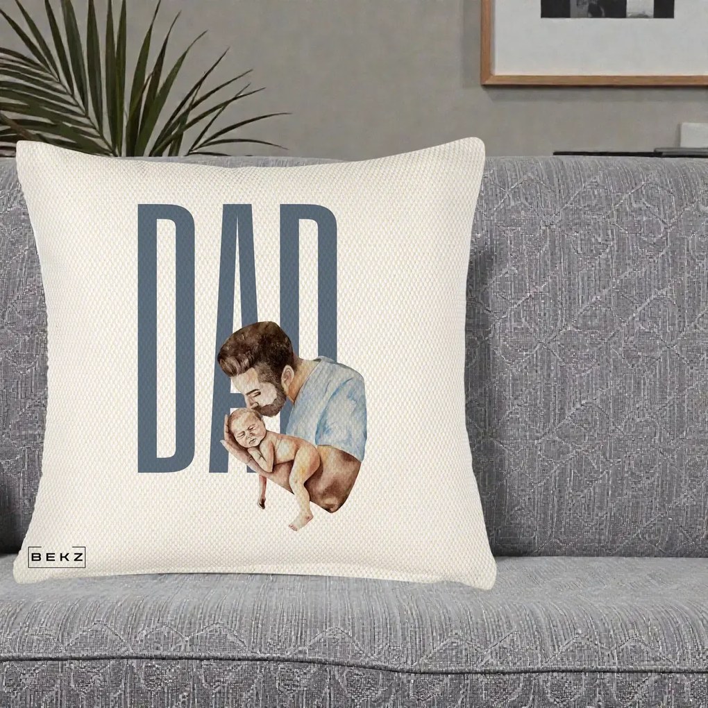 Cadou pentru Tata - Perna Personalizata DAD Tata si Nou-Nascut, 40x40 cm, Crem Reliefat, Husa Detasabila, Perna Inclusa, BEKZ®