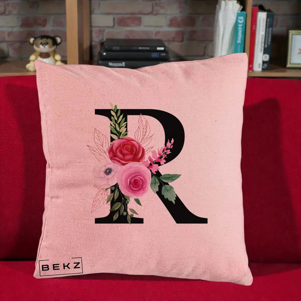 Cadou Personalizat - Perna Personalizata Monograma Florala Litera R, 40x40 cm, Roz, Husa Detasabila, Perna Inclusa, BEKZ®