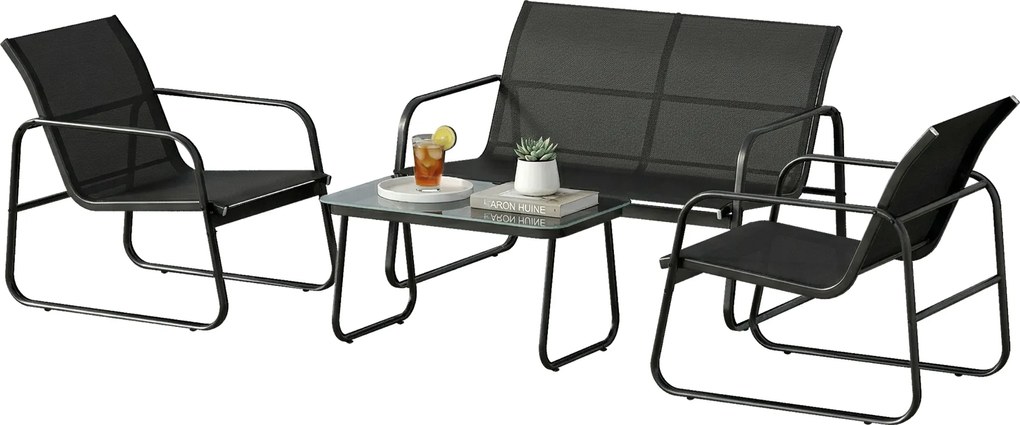 Outsunny Set Grădină Exterior 4 Piese cu Canapea 2 Locuri 2 Fotolii Masă cu Sticlă Securizată Țesătură Textilene Gri închis | Aosom Romania