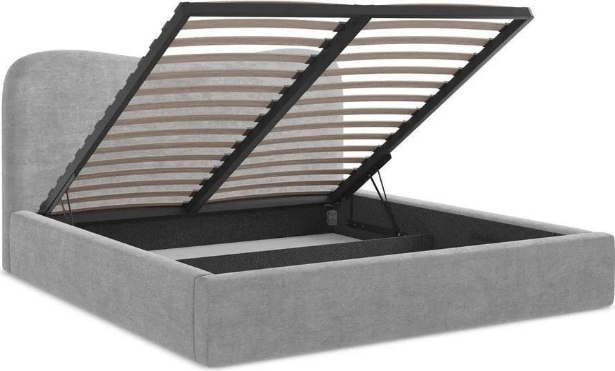 Pat matrimonial gri deschis tapițat cu spațiu de depozitare cu somieră 180x200 cm Kahai – Makamii