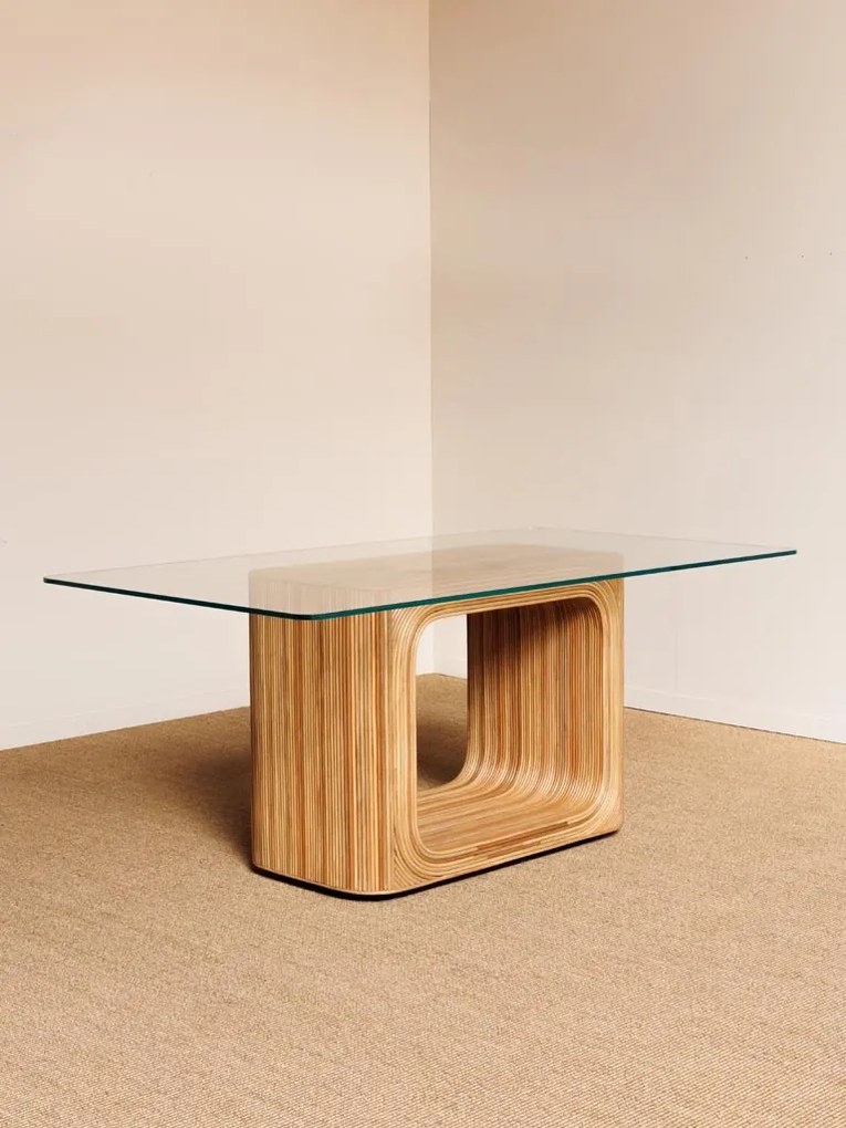 Masa dining, din rattan si blat de sticla, Glass
