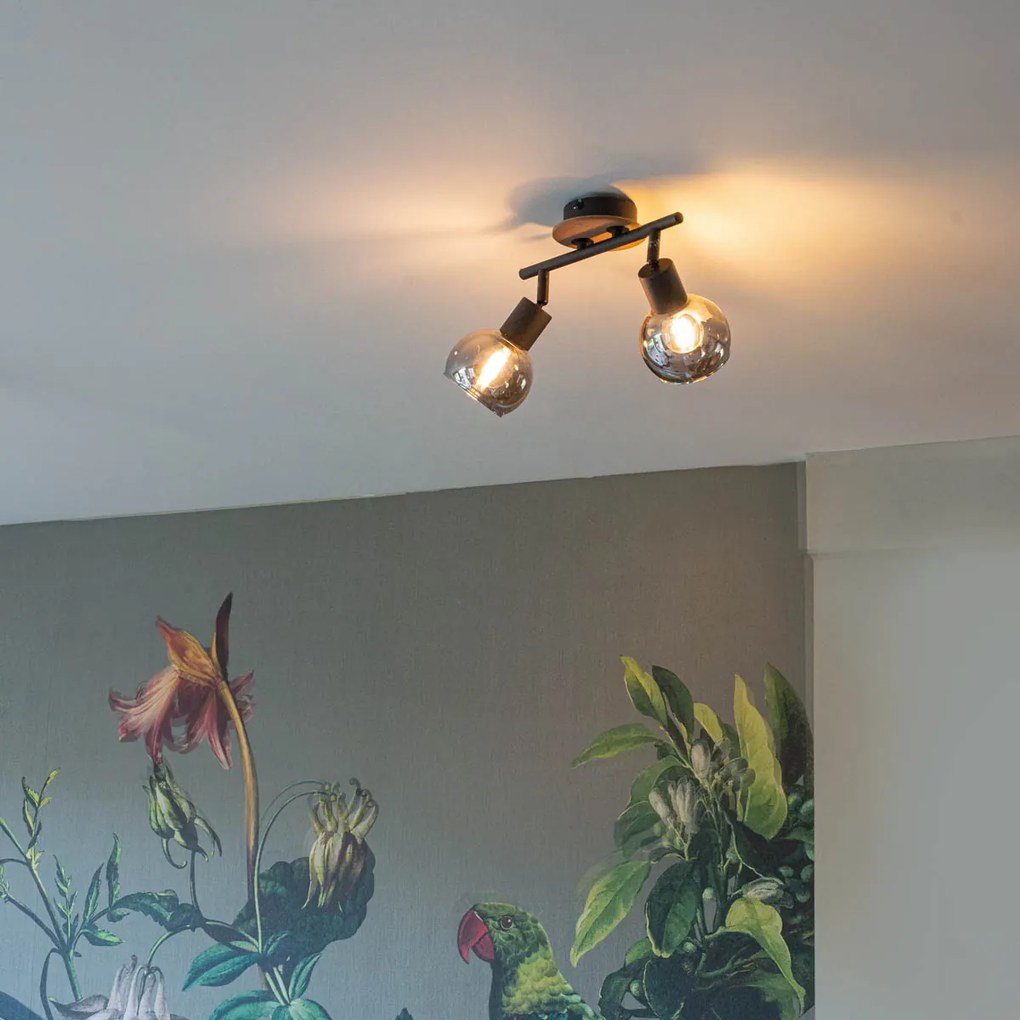 Plafoniera neagră cu sticlă fumurie și lemn 2 lumini - Vidro