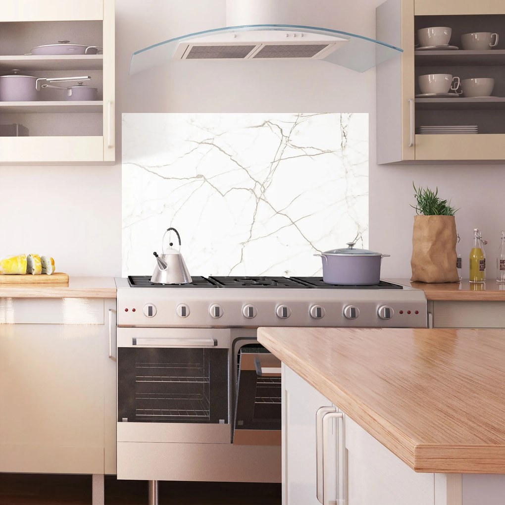 Panou Sticla Bucatarie, 50x70cm, Protectie aragaz, Antistropi, Termorezistent, Abstracte, Marble, White Brown Lines Marble