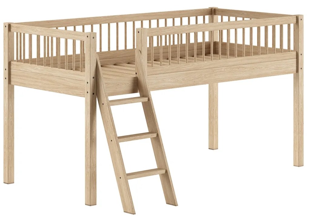 Pat Semi-Înălțat (Mid Sleeper) Forrest Beech 90x200 cm, pentru Camera Copii, din Lemn de Fag, cu Set Textil – Vipack