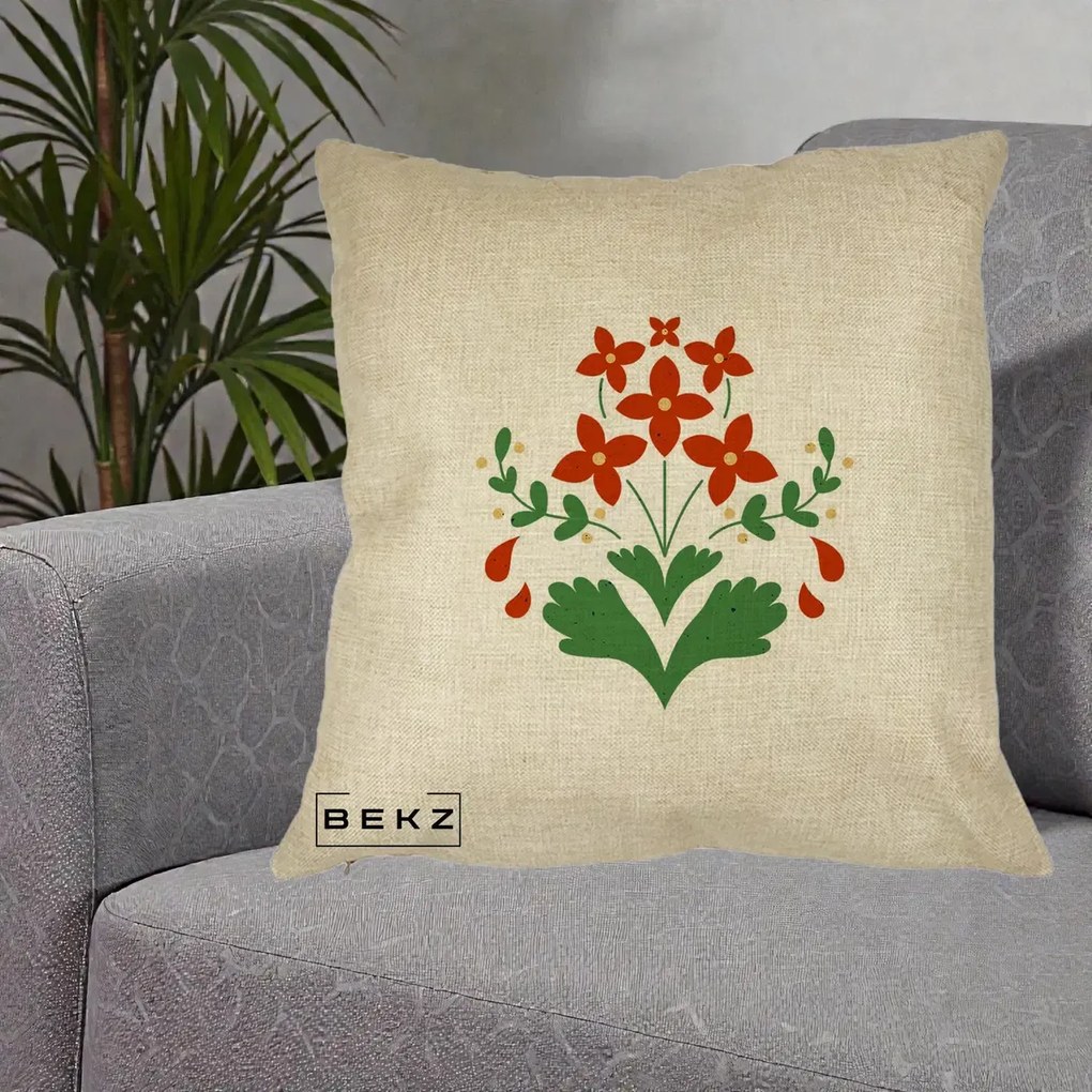 Perna Decorativa Buchet Floral Folk Rosu-Verde, 40x40 cm, Crem, Husa Detasabila, Perna Inclusa, BEKZ®