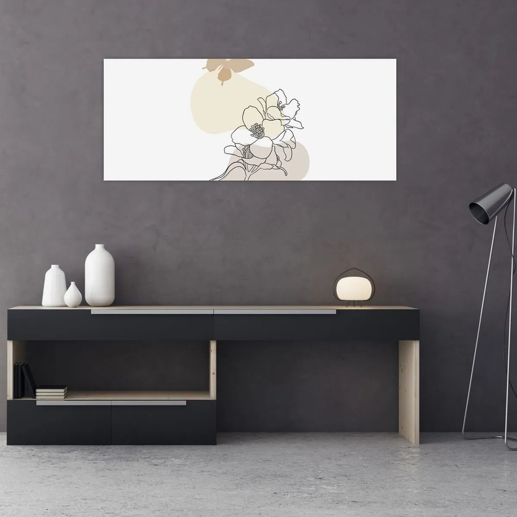 Tablou - Flori bej cu fluture N⁰3 (120x50 cm)