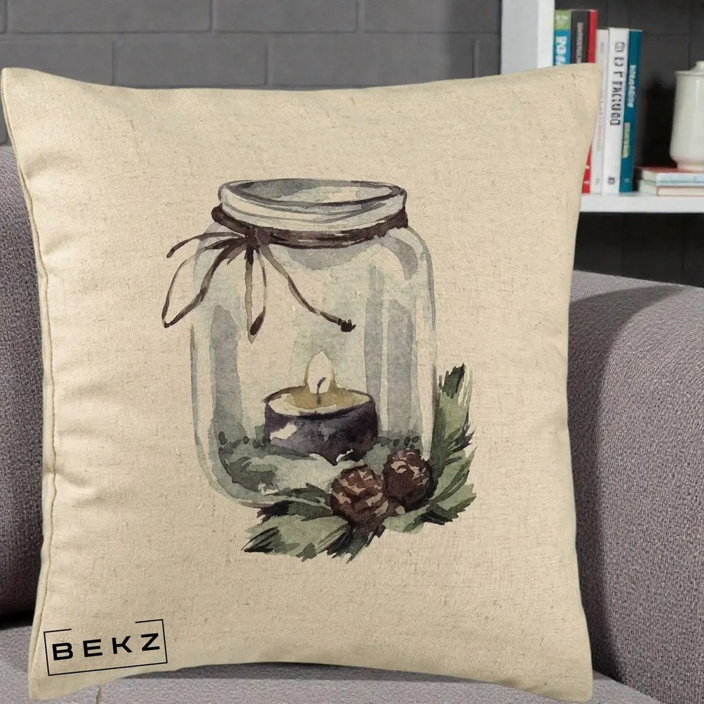 Perna Decorativa Felinar cu Lumanare si Conuri, 40x40 cm, Bej, Husa Detasabila, Perna Inclusa, BEKZ®