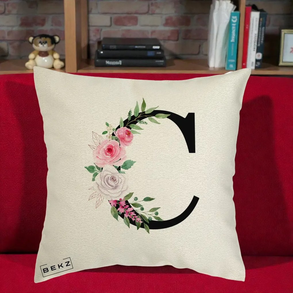 Cadou Personalizat - Perna Personalizata Monograma Florala Litera C, 40x40 cm, Ecru, Husa Detasabila, Perna Inclusa, BEKZ®