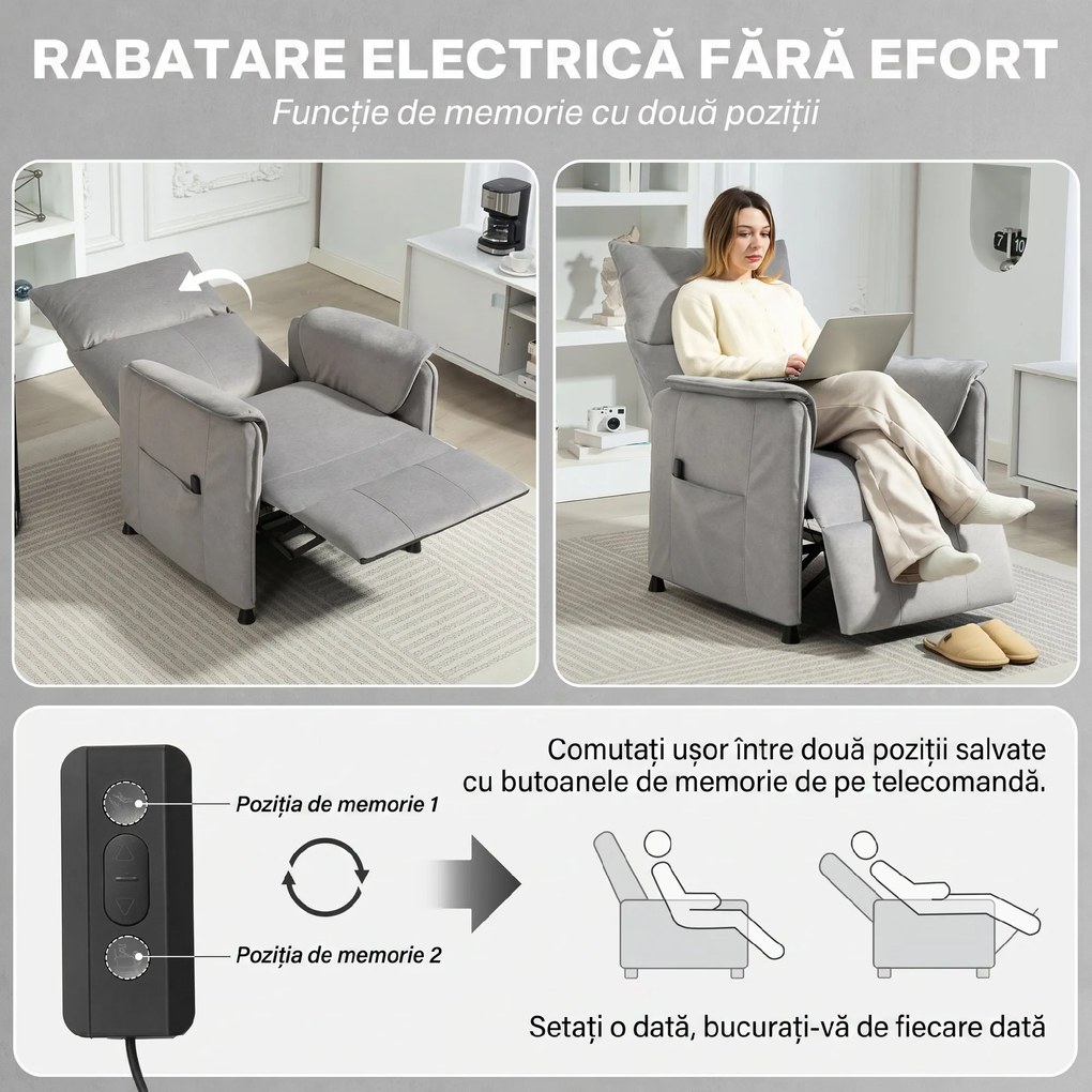 HOMCOM Fotoliu Reclinabil Electric pentru Living cu Suport pentru Picioare, Gri | Aosom Romania