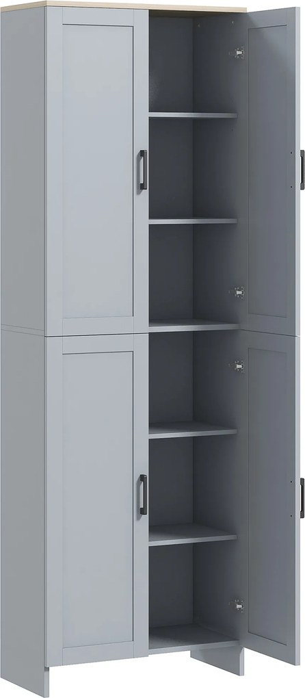 HOMCOM Dulap cămară de bucătărie din lemn cu 2 rafturi reglabile și 4 uși, 60x30x170,5 cm, gri | Aosom Romania