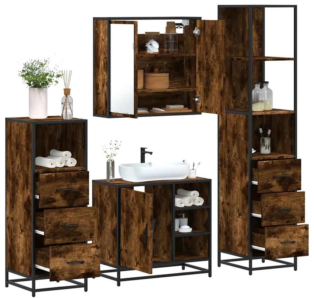 vidaXL Set de mobilier de baie 4 piese Lemn prelucrat de stejar afumat