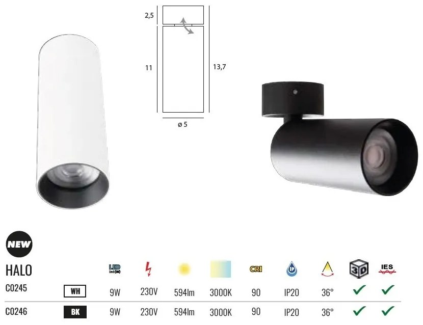 Spot LED aplicat directionabil Halo A alb