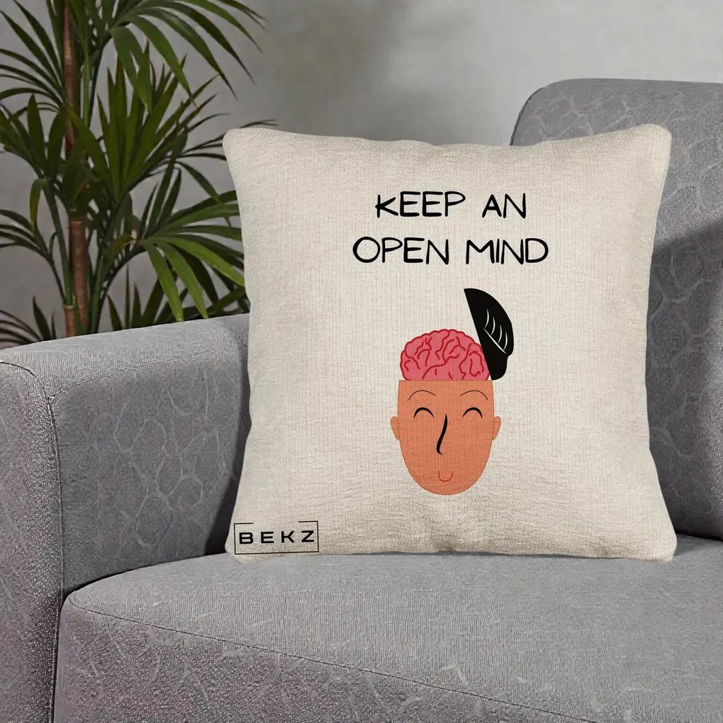 Perna Decorativa Keep An Open Mind, 40x40 cm, Bej Canapea, Husa Detasabila, Perna Inclusa, BEKZ®