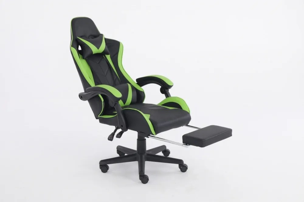 RESIGILAT- Scaun gaming, masaj în perna lombară, suport picioare, piele ecologica, Negru/Verde