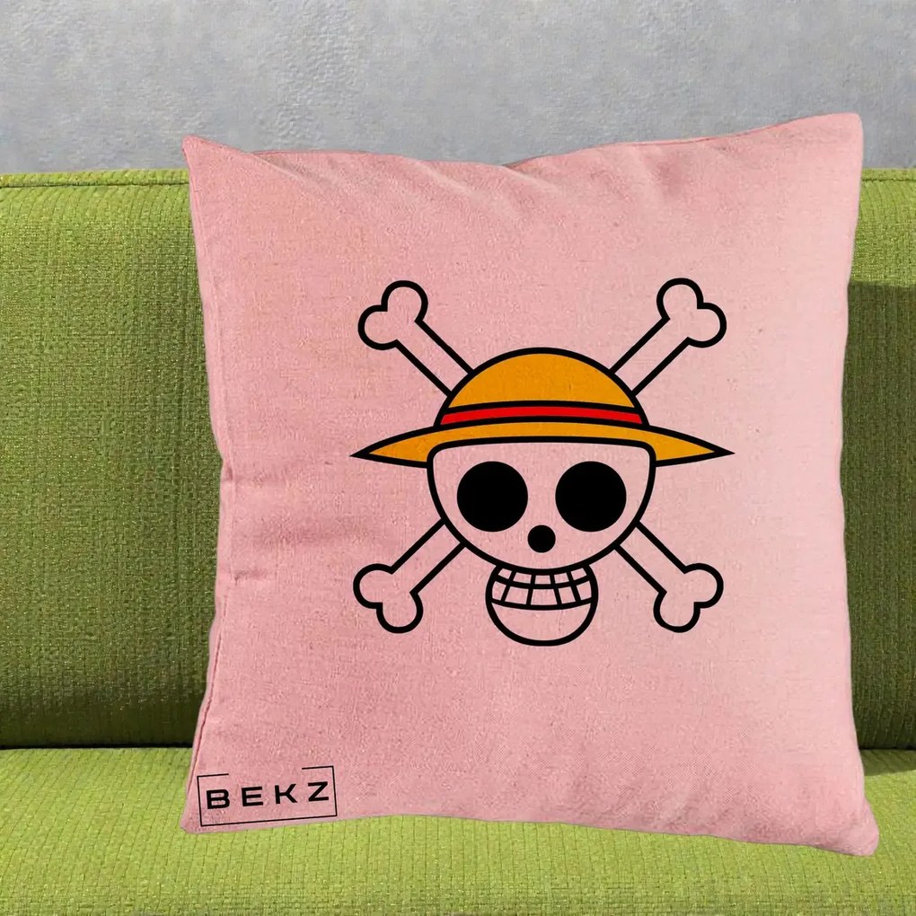 Perna Personalizata One Piece Jolly Roger Straw Hat Pirates, 40x40 cm, Roz, Husa Detasabila, Perna Inclusa, BEKZ®