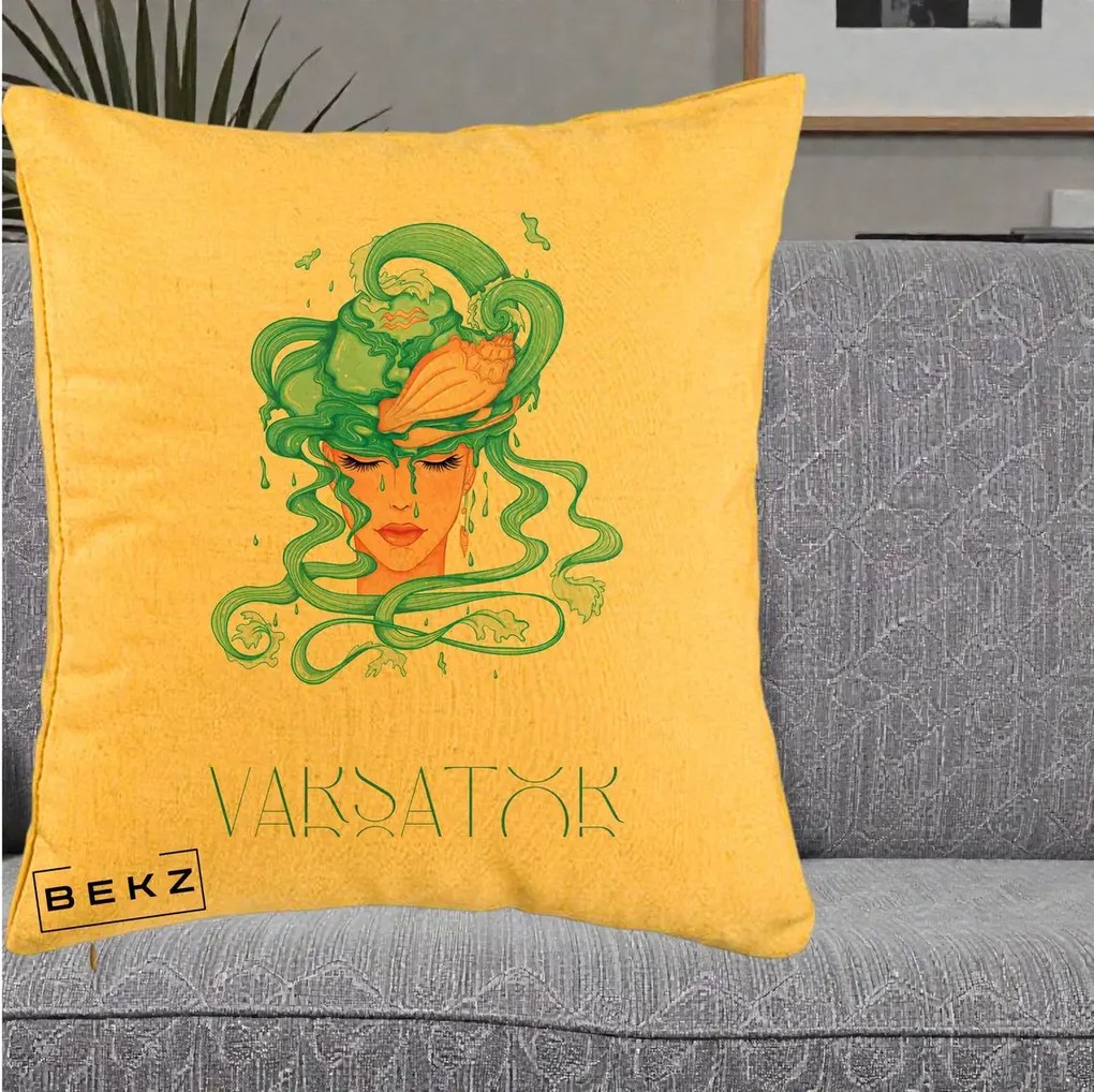Perna Personalizata Zodiac Varsator Cowgirl, 40x40 cm, Galben, Husa Detasabila, Perna Inclusa, BEKZ®