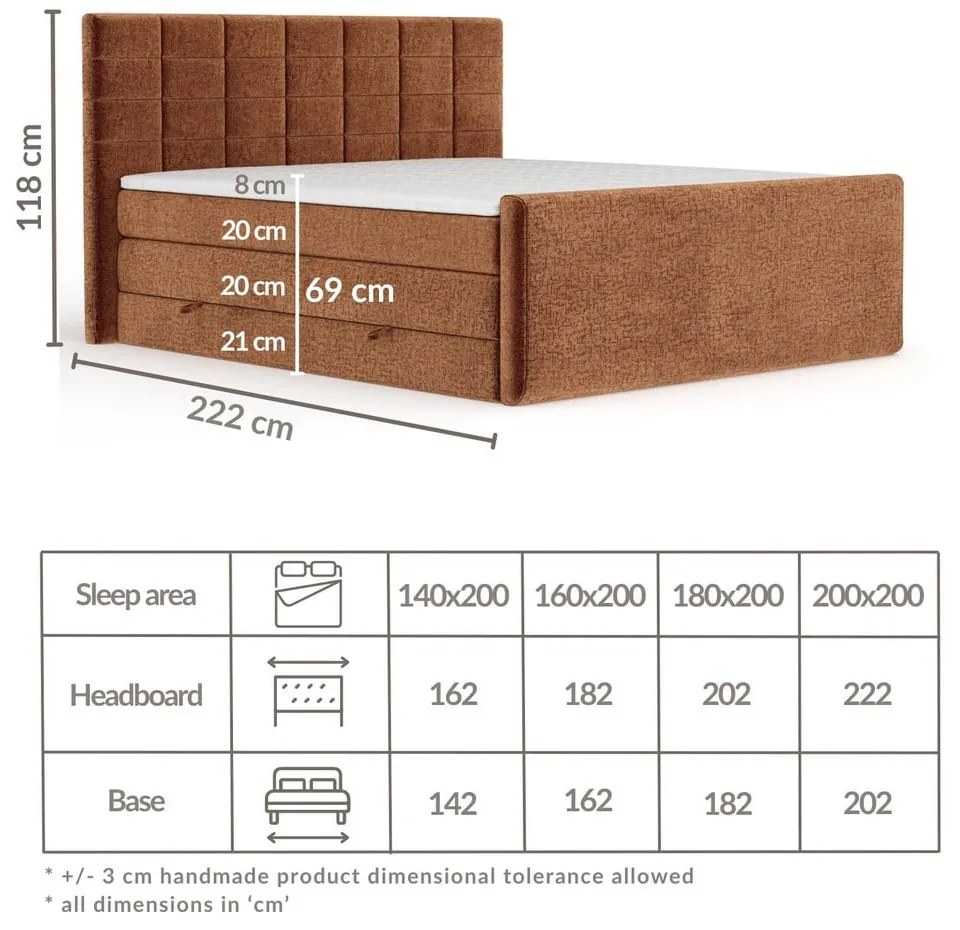 Pat boxspring portocaliu cu spațiu de depozitare 140x200 cm Ava – Maison de Rêve
