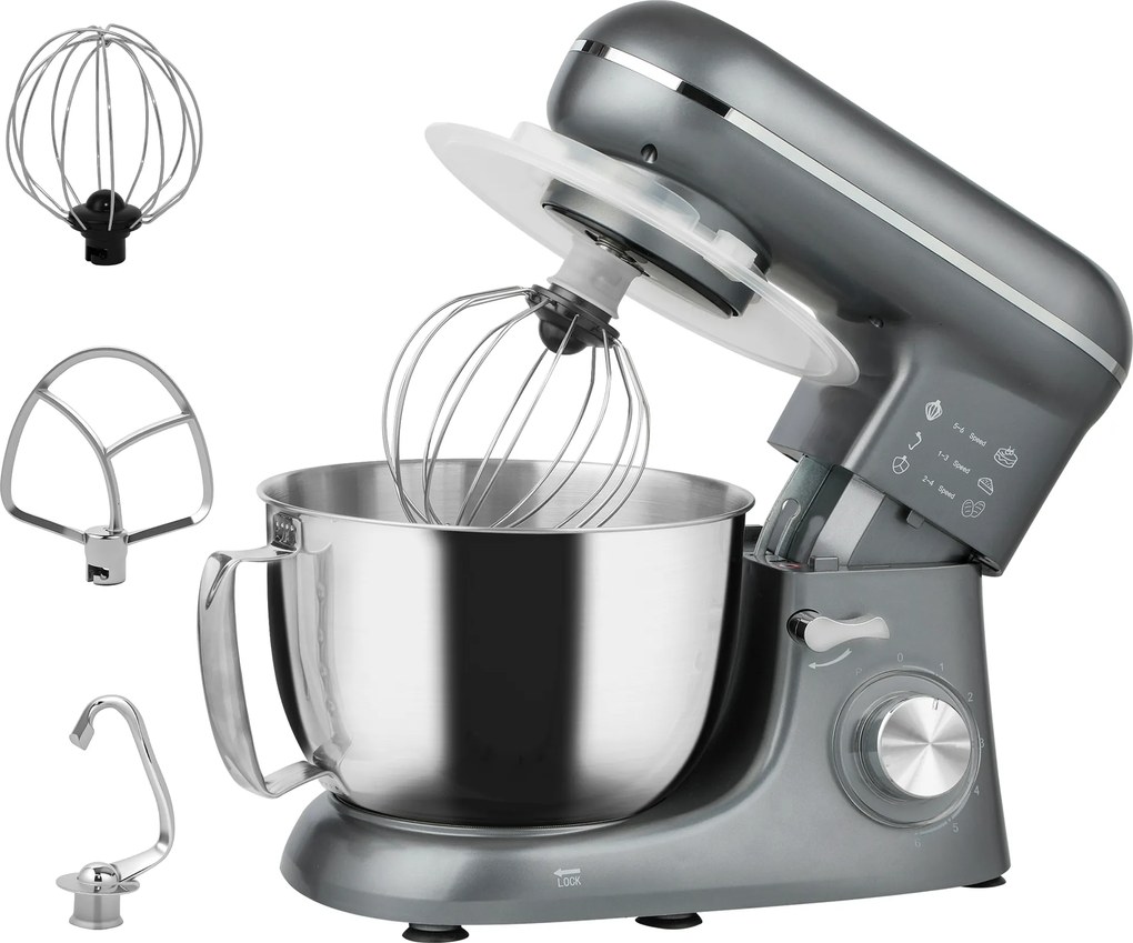 HOMCOM Robot de patiserie 1300 W, robot pentru frământat profesional 4,5 L, bol din oțel inoxidabil, 6+P viteze și funcție pulse, argintiu | Aosom Romania