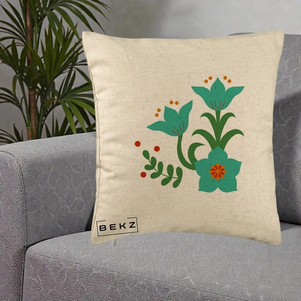 Perna Decorativa Flori Stilizate Folk Turcoaz, 40x40 cm, Bej, Husa Detasabila, Perna Inclusa, BEKZ®
