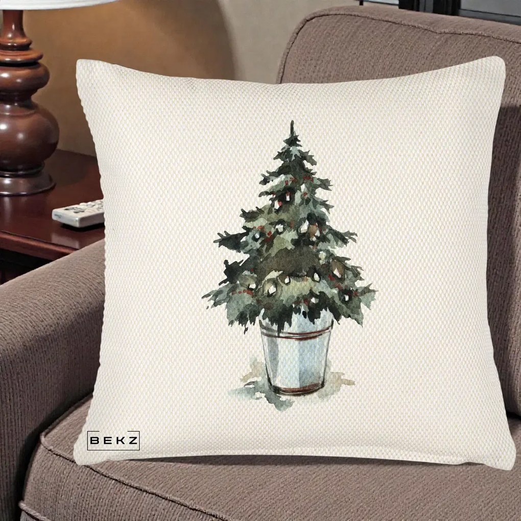 Perna Decorativa Brad in Galeata Watercolor, 40x40 cm, Crem Reliefat, Husa Detasabila, Perna Inclusa, BEKZ®