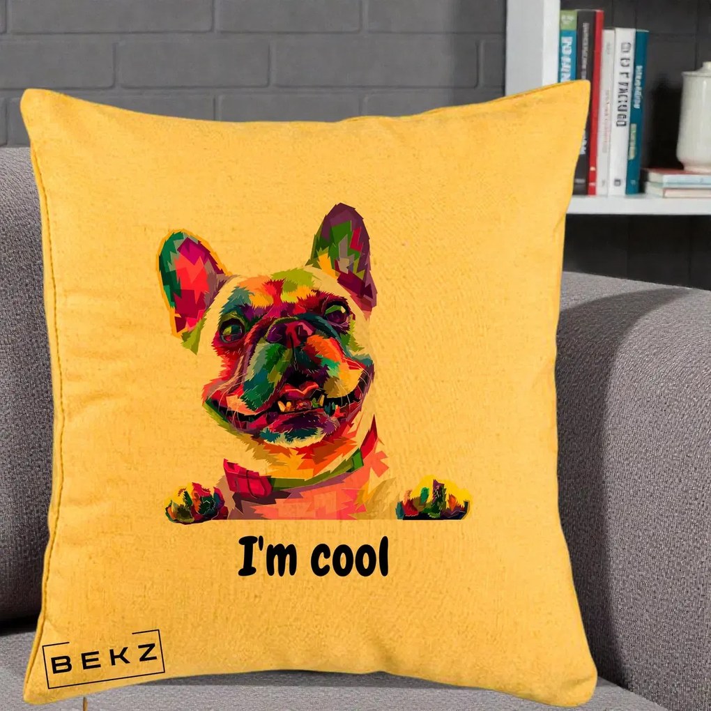 Perna Personalizata Bulldog Francez I'm Cool, 40x40 cm, Galben, Husa Detasabila, Perna Inclusa, BEKZ®