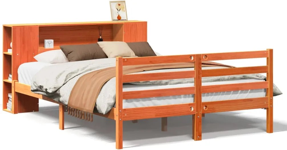 vidaXL Pat cu bibliotecă fără saltea maro 140x190 cm lemn masiv de pin