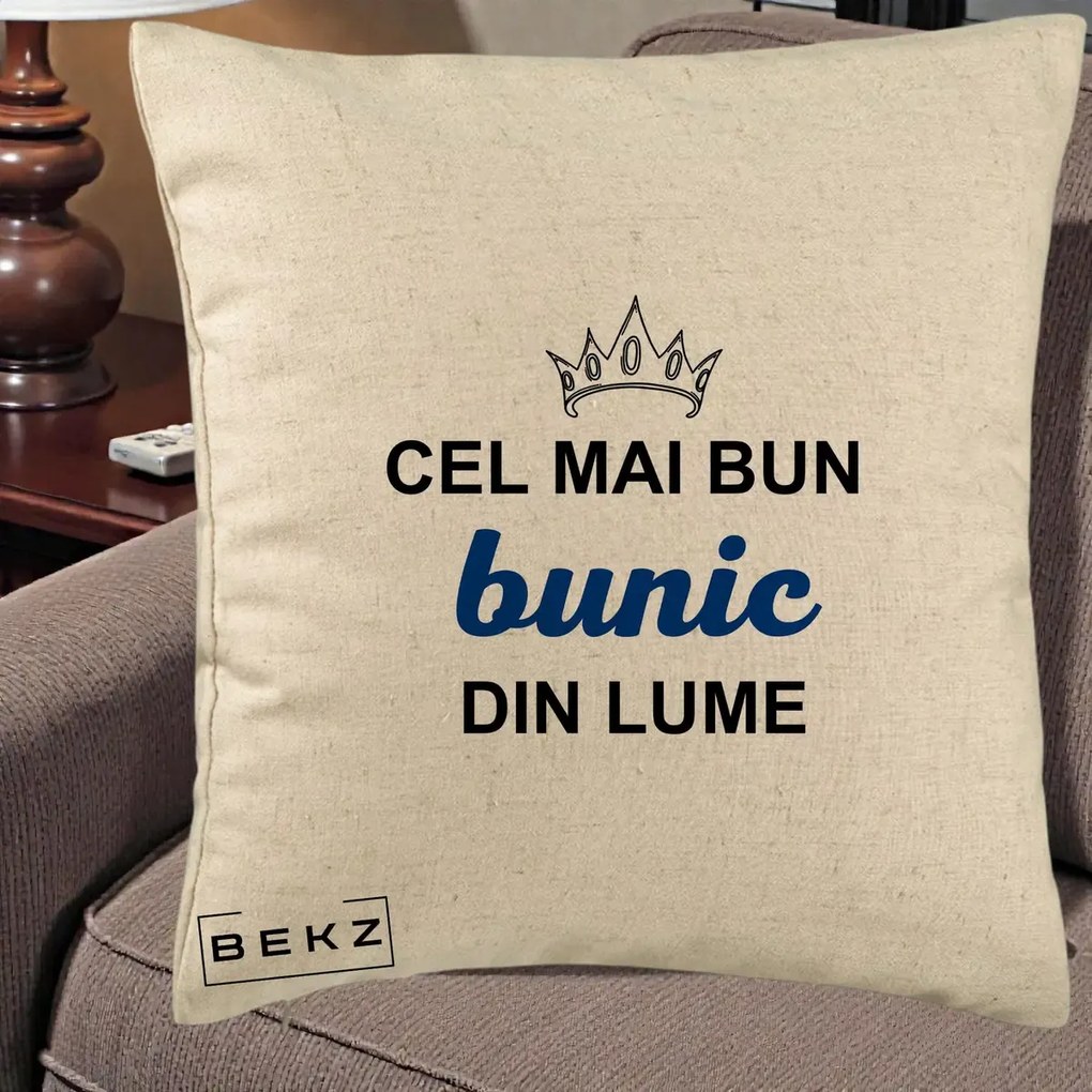 Perna personalizata Cel mai bun bunic din lume, coroana, albastru, 40x40 cm cu Umplutura, Bej, BEKZ