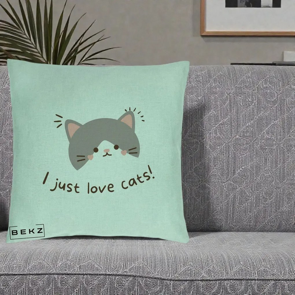 Perna Personalizata I Just Love Cats Pisica Kawaii, 40x40 cm, Verde Menta, Husa Detasabila, Perna Inclusa, BEKZ®