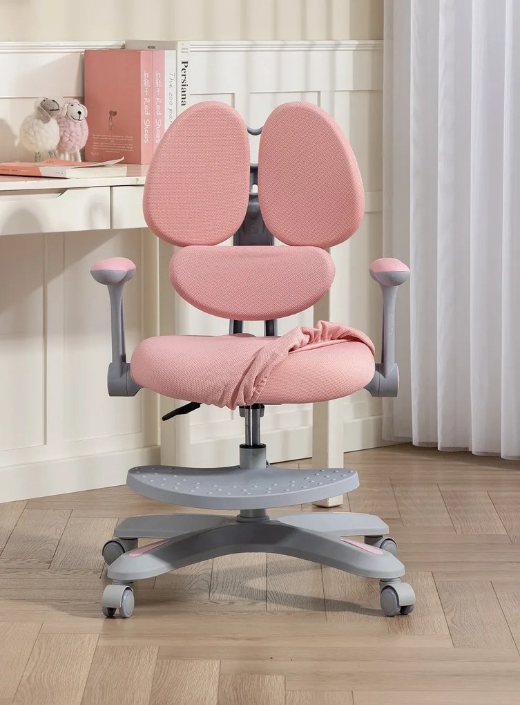 RIKKY Scaun ergonomic pentru copii, spatar si suport lombar reglabile, huse detasabile, suport picioare reglabil, rotativ, Roz