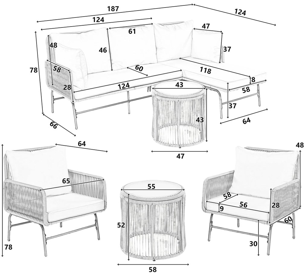 Set de lounge de grădină din 6 piese, frânghie împletită manual cu cadru din fier, 2x fotolii, 2x canapele cu 2 locuri și 2x mese, Gri
