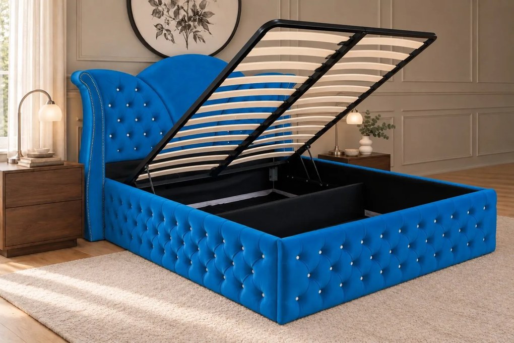 Pat tapițat Chesterfield din catifea Velora Deluxe 180×200 cm, albastru, cu ladă de depozitare