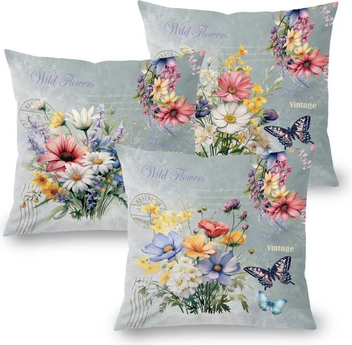 decoDoma Set de 3 fețe pernuțe SPRING FLOWERS 45 x 45 cm