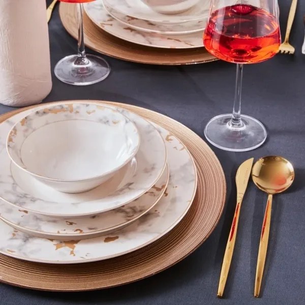 Set de masă 24 piese din porțelan, alb/gri