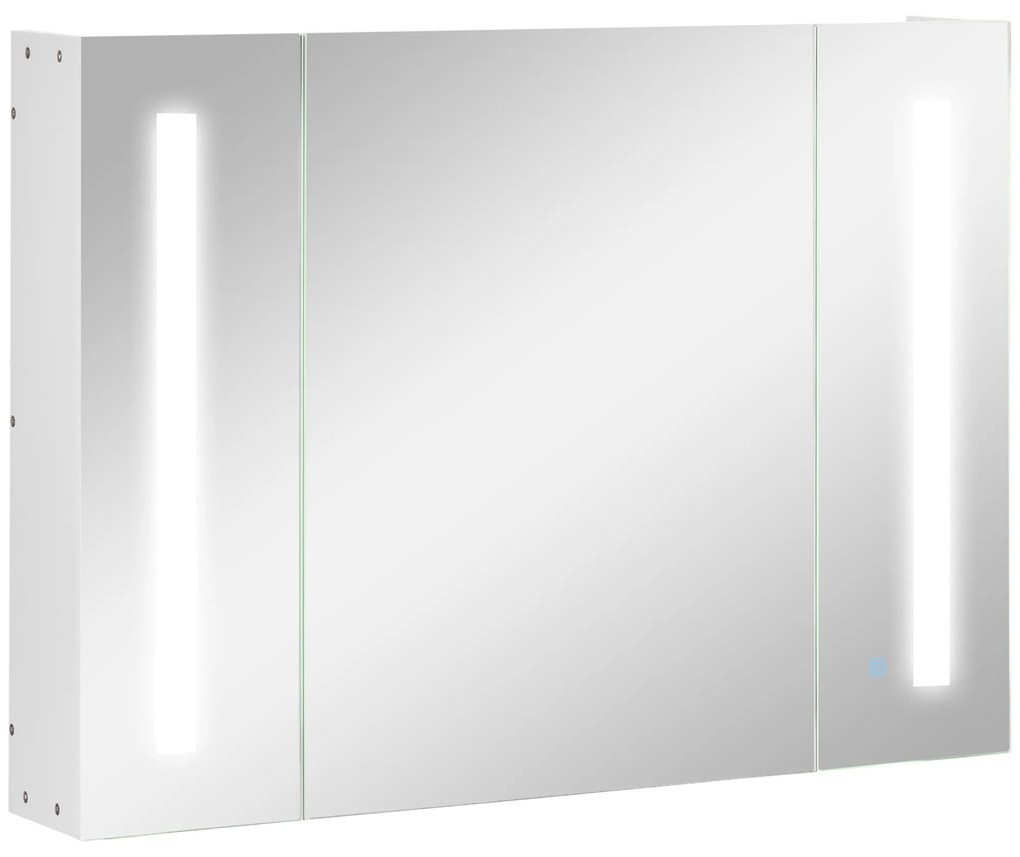 Kleankin Dulap de Baie LED cu Oglindă, 3 Uși și Rafturi Reglabile, Organizator de Depozitare Reglabil, 90x15x65 cm, Alb | Aosom Romania