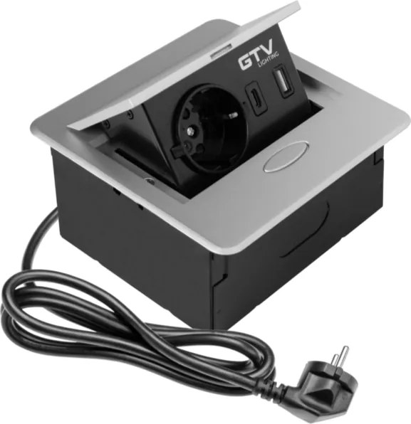 Priză încorporabilă în blat Avaro GTV, 1 priză Schuko, USB A + C, aluminiu L:135 mm; l:135 mm, Aluminiu/ plastic, Aluminiu