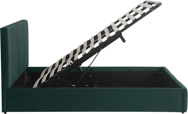 Pat tapitat Houston, 160x200 cm, somiera rabatabila, spatiu depozitare, verde inchis