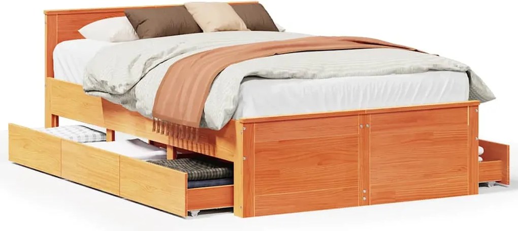 vidaXL Cadru pat fără saltea/cu tăblie maro 135x190 cm lemn masiv pin