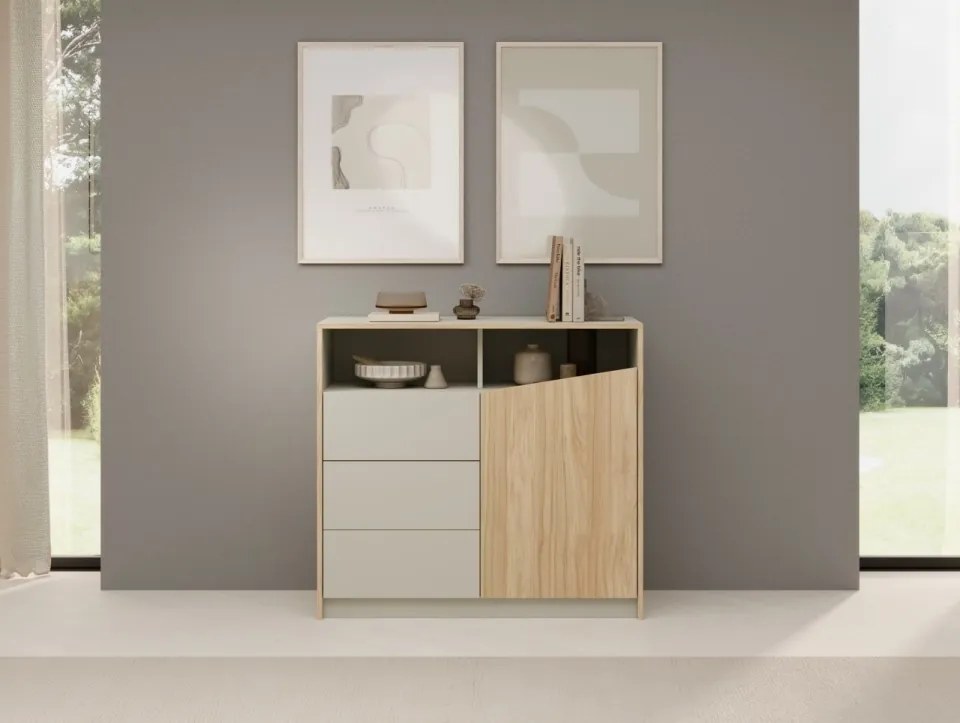 Comodă cu usa si trei sertare, 100x40x91 cm, Atson, ADRK Furniture (Culoare: Stejar / Negru)