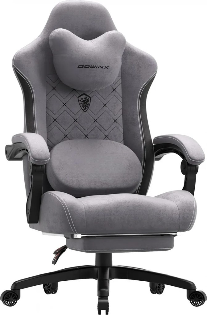 DOWINX Scaun gaming, ergonomic, Incalzire si Masaj cu Role in perna lombara, Șezut cu Arcuri Metalice și Spumă, rabatabil 90°-135°, Suport picioare, rezistent 150 kg, material textil, Gri